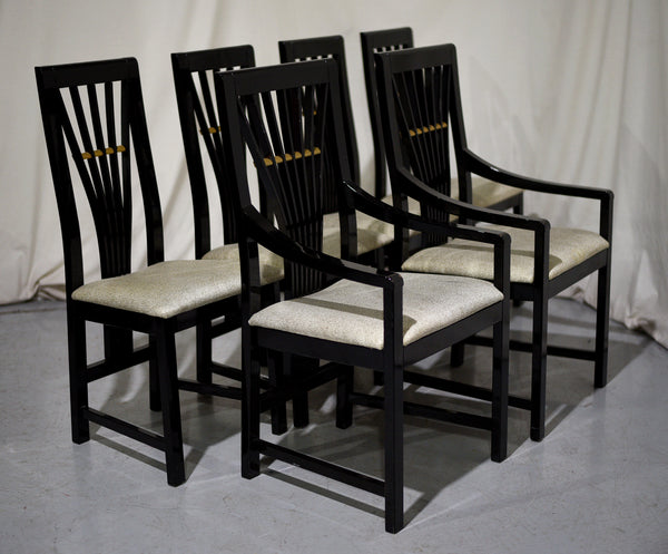 DINING CHAIRS SET OF EIGHT BLACK LACQUER FINISH WITH BLACK AND