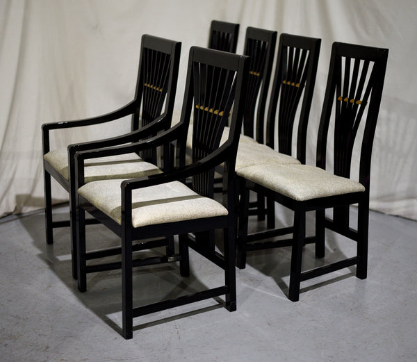 DINING CHAIRS SET OF EIGHT BLACK LACQUER FINISH WITH BLACK AND