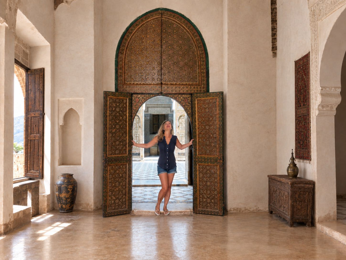 An ornate carved wooden door with metal rivets at the entrance to a riad in Marrakesh.
