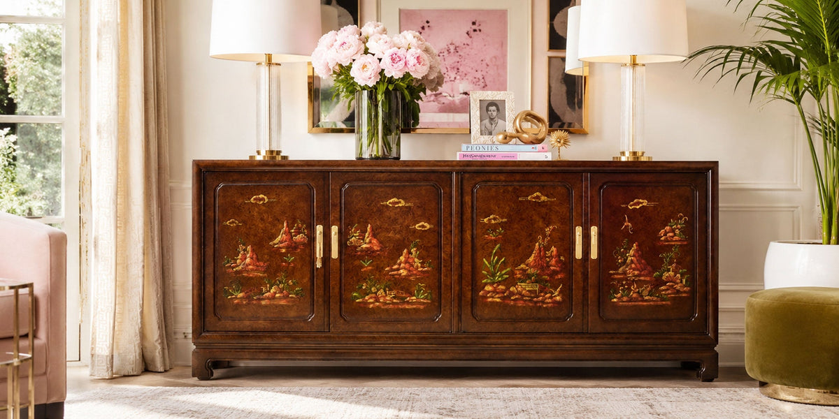 Mid Century Chinoiserie sideboard by John Widdicomb with hand-painted panels and original brass hardware – Firebird Furniture