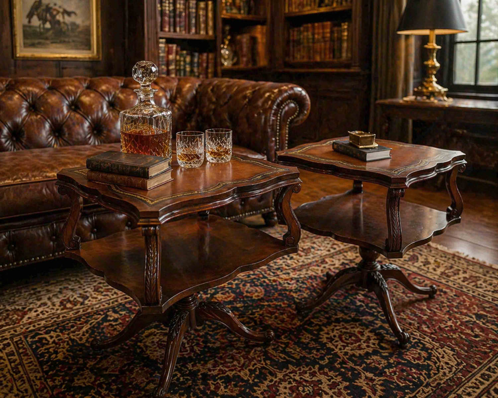 1950s Georgian Revival Leather Mahogany Occasional Tripod Tables