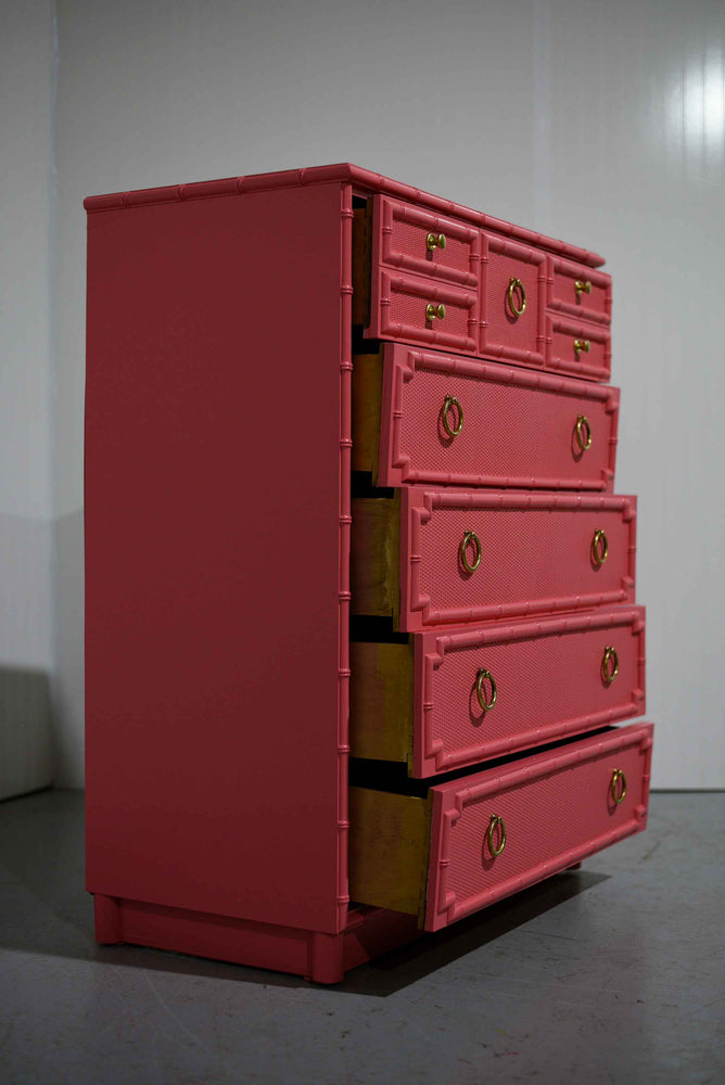 1960s Drexel Omega Kensington Collection Faux Bamboo and Cane Highboy Dresser