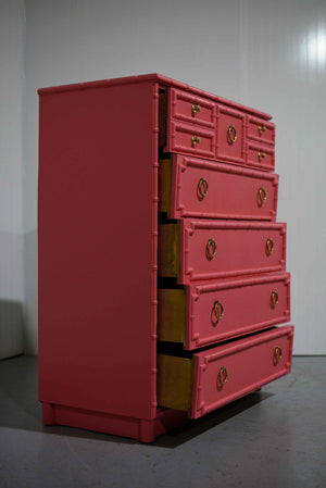 1960s Drexel Omega Kensington Collection Faux Bamboo and Cane Highboy Dresser