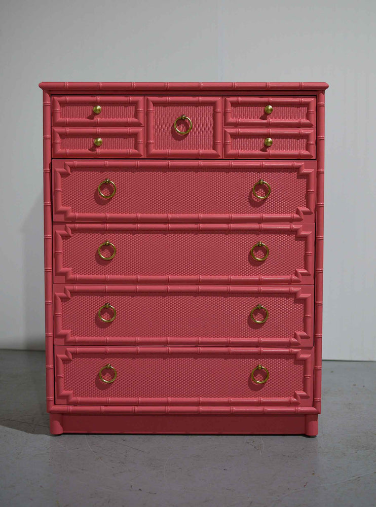1960s Drexel Omega Kensington Collection Faux Bamboo and Cane Highboy Dresser