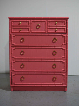 1960s Drexel Omega Kensington Collection Faux Bamboo and Cane Highboy Dresser