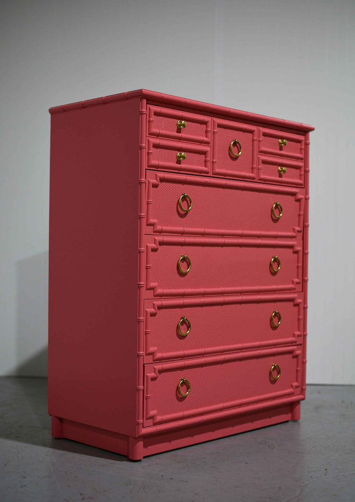 1960s Drexel Omega Kensington Collection Faux Bamboo and Cane Highboy Dresser