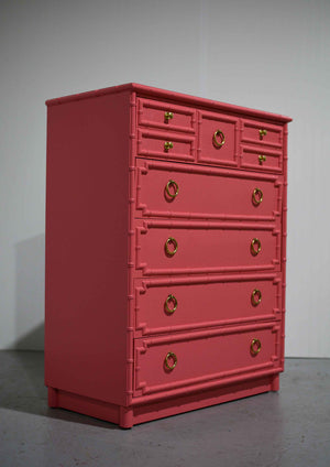 1960s Drexel Omega Kensington Collection Faux Bamboo and Cane Highboy Dresser