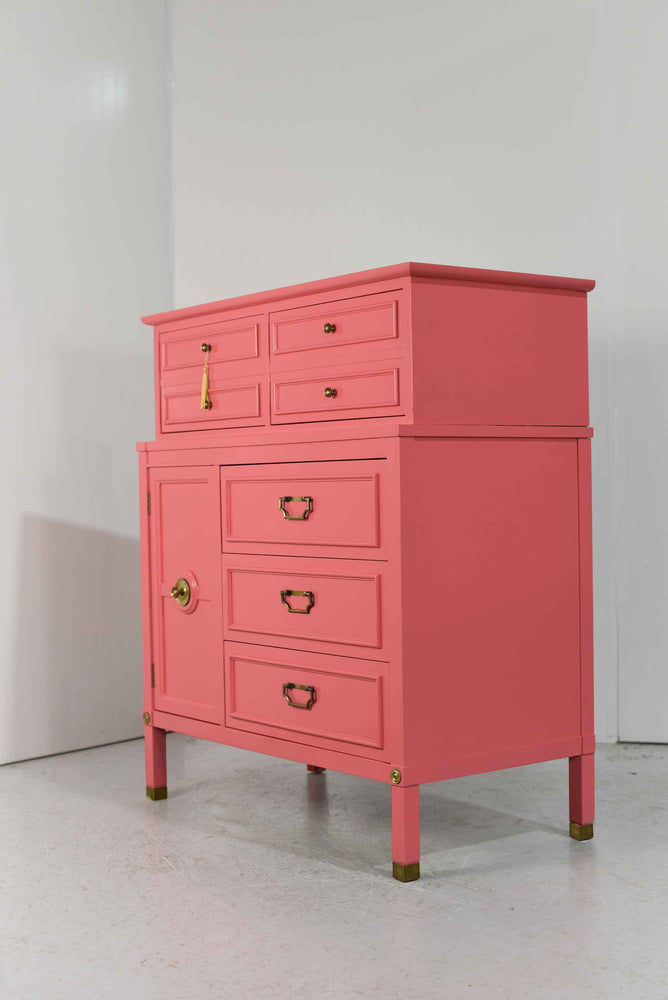 1960s Mid Century Modern Highboy Dresser in Pink - Newly Painted