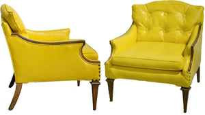 1960s Transitional Canary Yellow Vinyl Lounge Chairs - A Pair