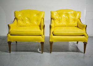 1960s Transitional Canary Yellow Vinyl Lounge Chairs - A Pair