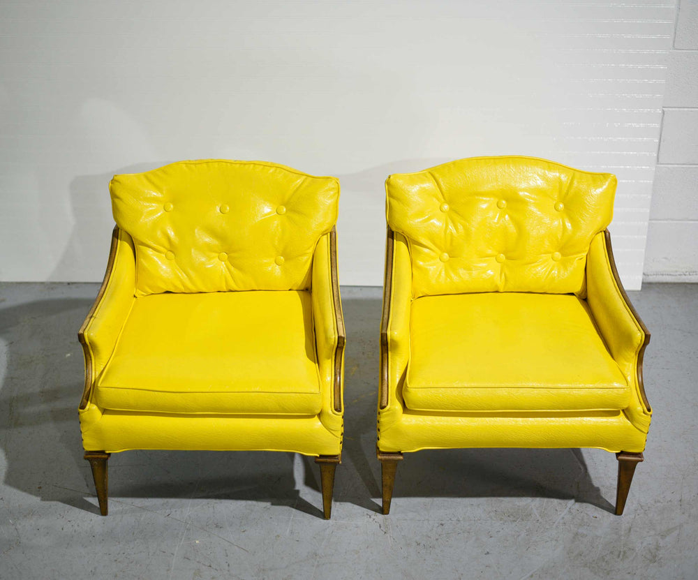 1960s Transitional Canary Yellow Vinyl Lounge Chairs - A Pair