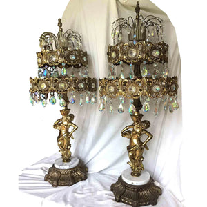 1969 Loevsky & Loevsky Waterfall Crystal Brass & Marble Table Chandeliers - a Pair