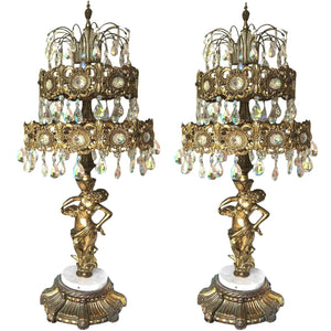 1969 Loevsky & Loevsky Waterfall Crystal Brass & Marble Table Chandeliers - a Pair