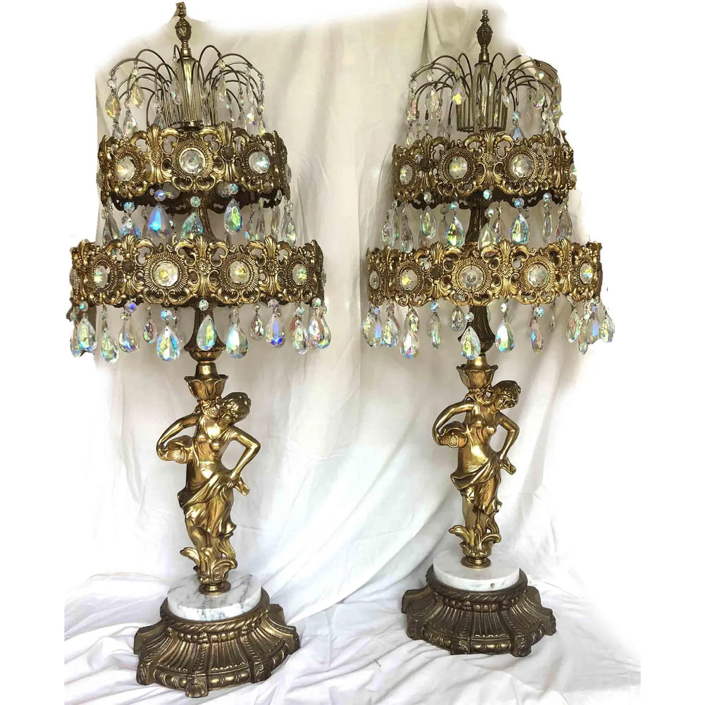 1969 Loevsky & Loevsky Waterfall Crystal Brass & Marble Table Chandeliers - a Pair