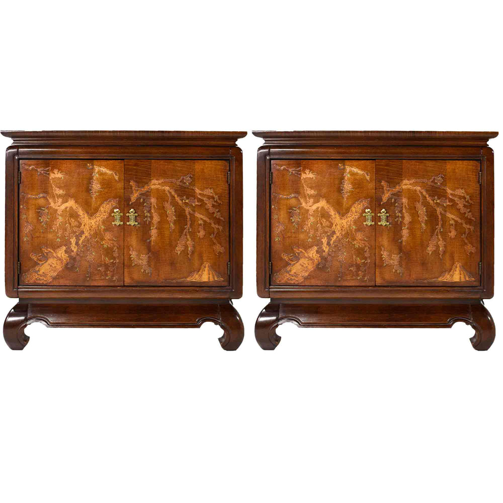 1970s Chinoiserie Carved Relief Two Door Chests - A Pair