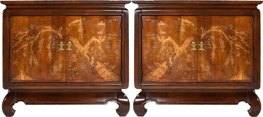 1970s Chinoiserie Carved Relief Two Door Chests - A Pair