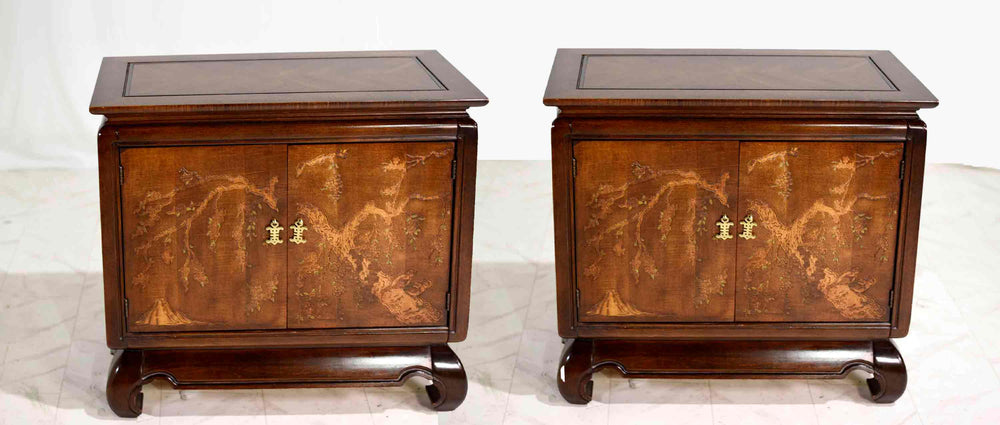 1970s Chinoiserie Carved Relief Two Door Chests - A Pair