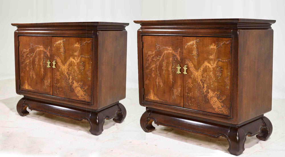 1970s Chinoiserie Carved Relief Two Door Chests - A Pair