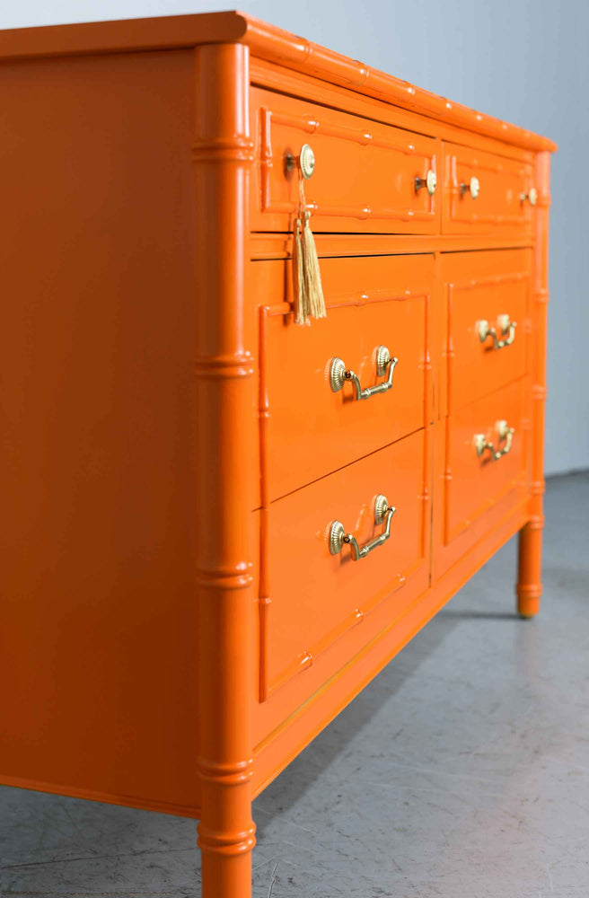 1970s Hollywood Regency Faux Bamboo  Dresser by Thomasville in Orange - Newly Painted