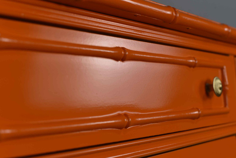 1970s Hollywood Regency Faux Bamboo  Dresser by Thomasville in Orange - Newly Painted