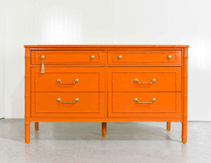 1970s Hollywood Regency Faux Bamboo  Dresser by Thomasville in Orange - Newly Painted