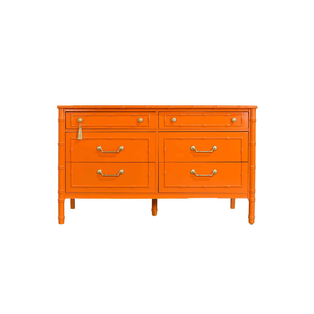 1970s Hollywood Regency Faux Bamboo  Dresser by Thomasville in Orange - Newly Painted