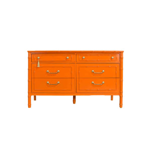 1970s Hollywood Regency Faux Bamboo  Dresser by Thomasville in Orange - Newly Painted