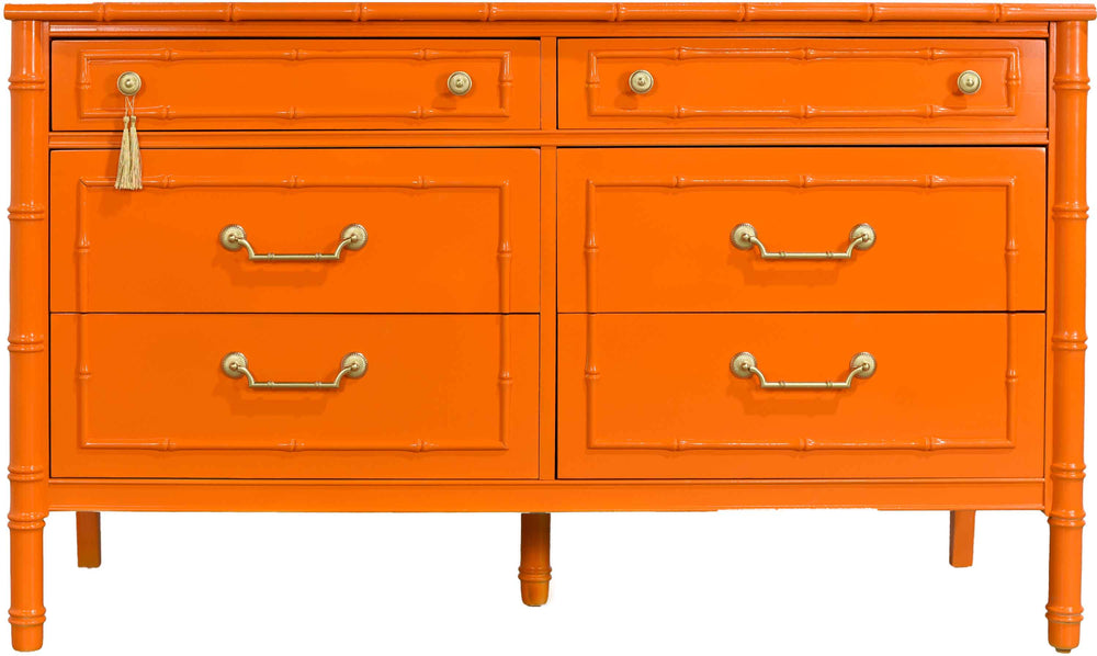 1970s Hollywood Regency Faux Bamboo  Dresser by Thomasville in Orange - Newly Painted
