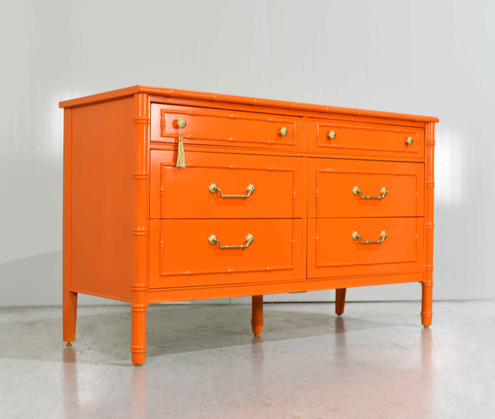 1970s Hollywood Regency Faux Bamboo  Dresser by Thomasville in Orange - Newly Painted