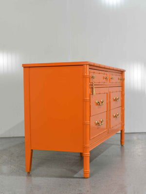 1970s Hollywood Regency Faux Bamboo  Dresser by Thomasville in Orange - Newly Painted