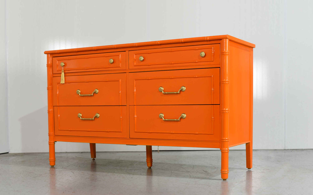 1970s Hollywood Regency Faux Bamboo  Dresser by Thomasville in Orange - Newly Painted