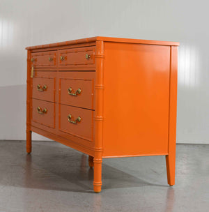 1970s Hollywood Regency Faux Bamboo  Dresser by Thomasville in Orange - Newly Painted