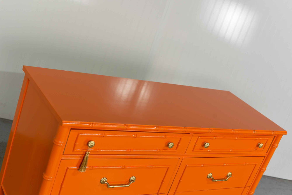 1970s Hollywood Regency Faux Bamboo  Dresser by Thomasville in Orange - Newly Painted