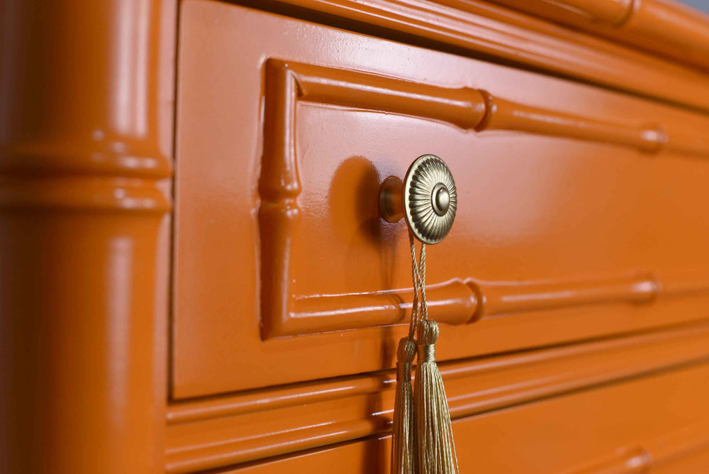 1970s Hollywood Regency Faux Bamboo  Dresser by Thomasville in Orange - Newly Painted