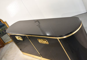 1970s Hollywood Regency Mastercraft Gloss Black Lacquer and Brass Sideboard