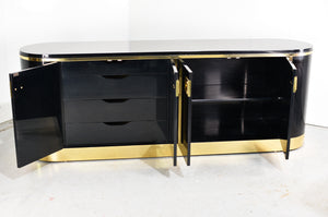 1970s Hollywood Regency Mastercraft Gloss Black Lacquer and Brass Sideboard