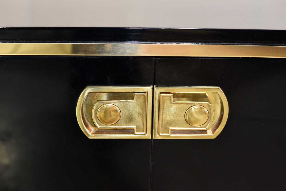 1970s Hollywood Regency Mastercraft Gloss Black Lacquer and Brass Sideboard