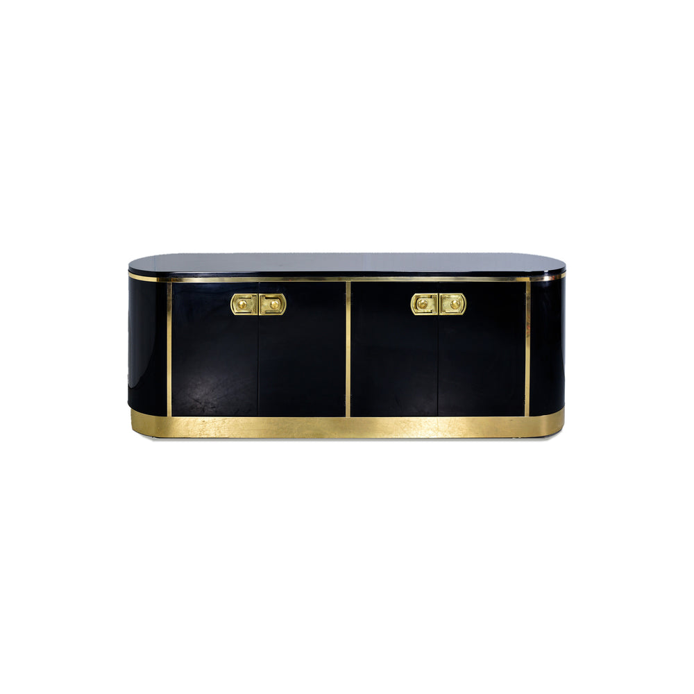 1970s Hollywood Regency Mastercraft Gloss Black Lacquer and Brass Sideboard