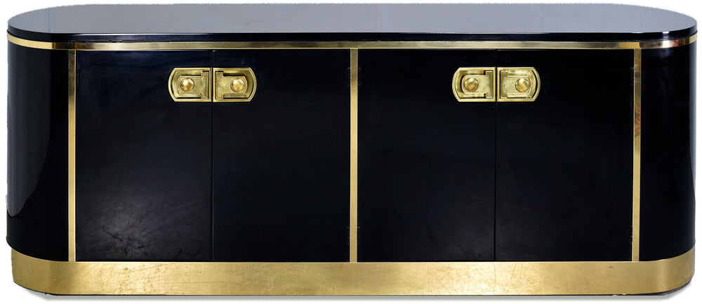 1970s Hollywood Regency Mastercraft Gloss Black Lacquer and Brass Sideboard