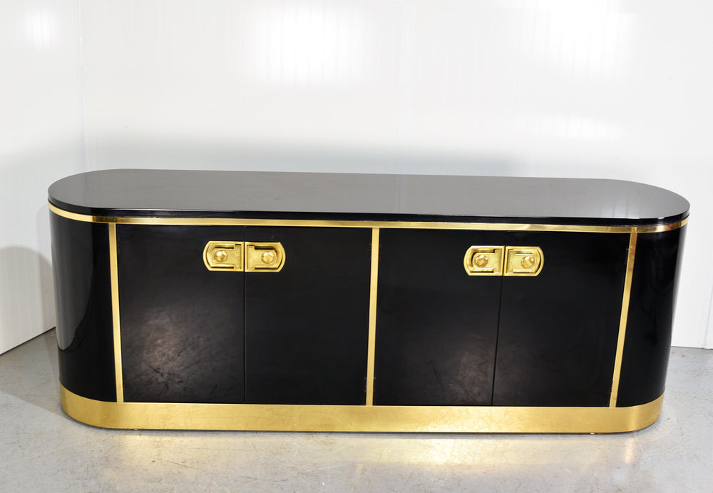 1970s Hollywood Regency Mastercraft Gloss Black Lacquer and Brass Sideboard