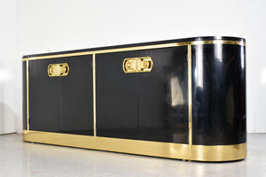 1970s Hollywood Regency Mastercraft Gloss Black Lacquer and Brass Sideboard