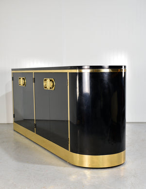 1970s Hollywood Regency Mastercraft Gloss Black Lacquer and Brass Sideboard