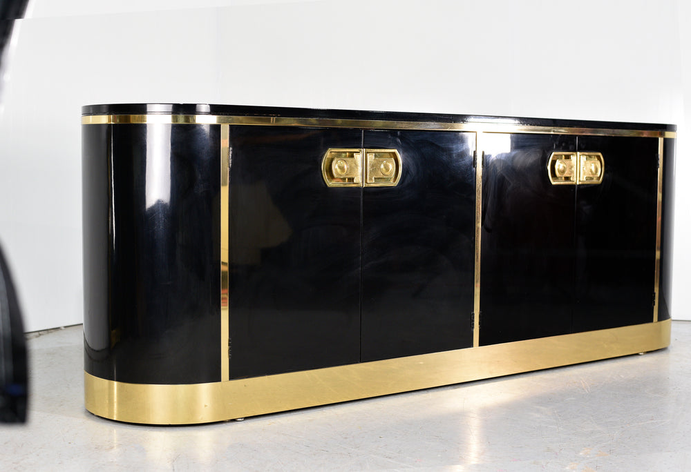 1970s Hollywood Regency Mastercraft Gloss Black Lacquer and Brass Sideboard