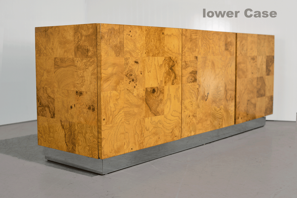 1970s Modern Milo Baughman for Thayer Coggin Burl Credenza and Lighted Floating Wall Cabinet