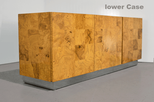 1970s Modern Milo Baughman for Thayer Coggin Burl Credenza and Lighted Floating Wall Cabinet