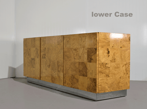 1970s Modern Milo Baughman for Thayer Coggin Burl Credenza and Lighted Floating Wall Cabinet