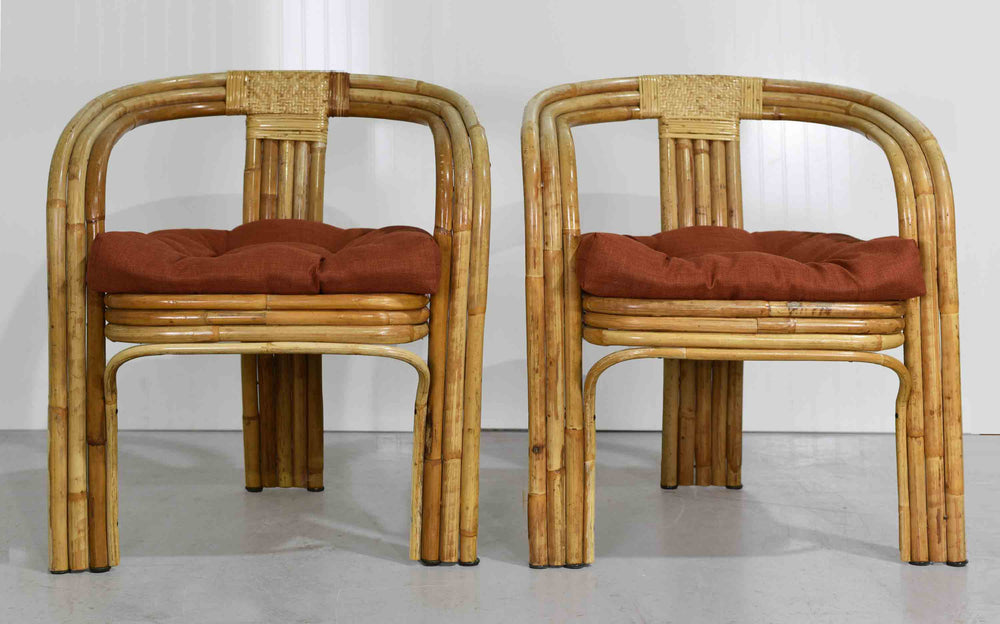 1970s Hollywood Regency Rattan Bamboo Cane Lounge Chairs - A Pair