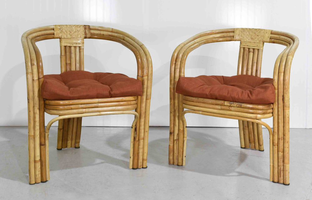 1970s Hollywood Regency Rattan Bamboo Cane Lounge Chairs - A Pair