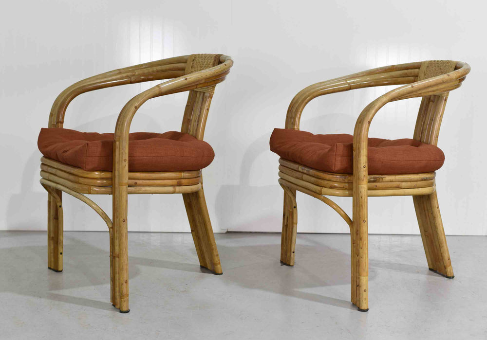 1970s Hollywood Regency Rattan Bamboo Cane Lounge Chairs - A Pair