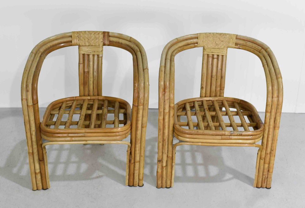 1970s Hollywood Regency Rattan Bamboo Cane Lounge Chairs - A Pair